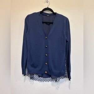 Elegant Adam Lippes Navy Cardigan with Mesh, Wool and Silk, size M